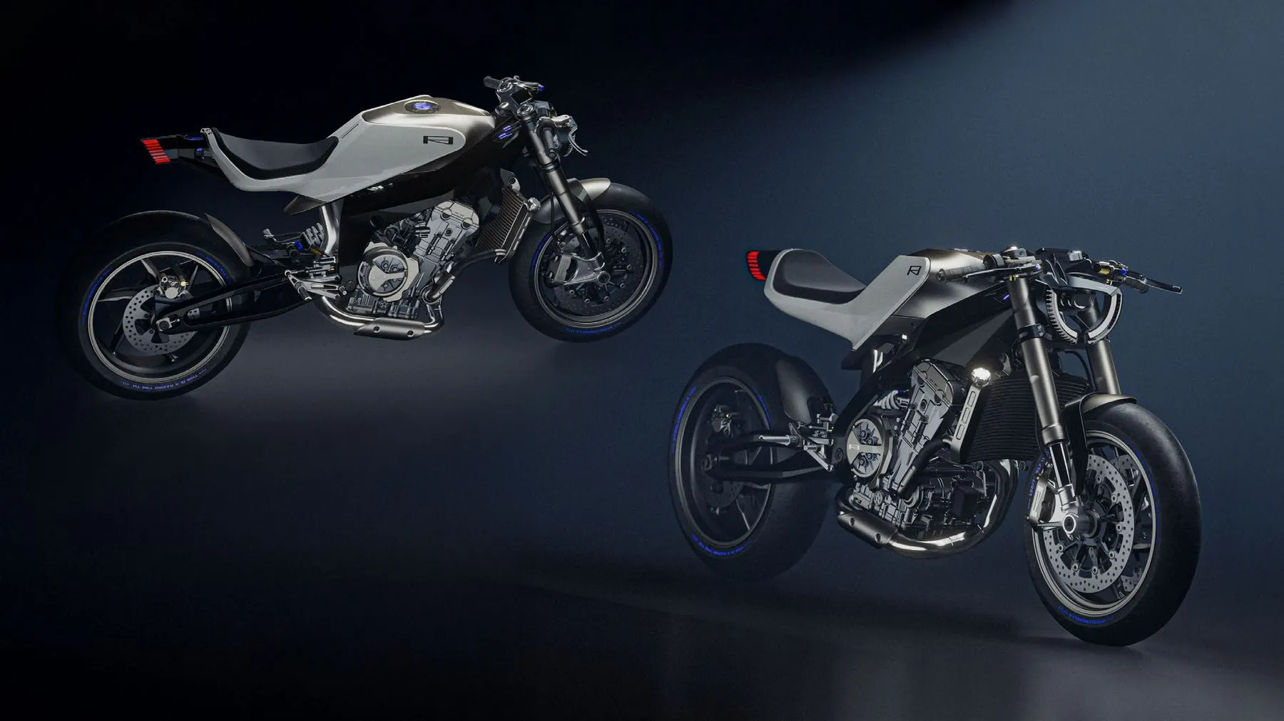 E8 render: two versions of the bike in a dark studio