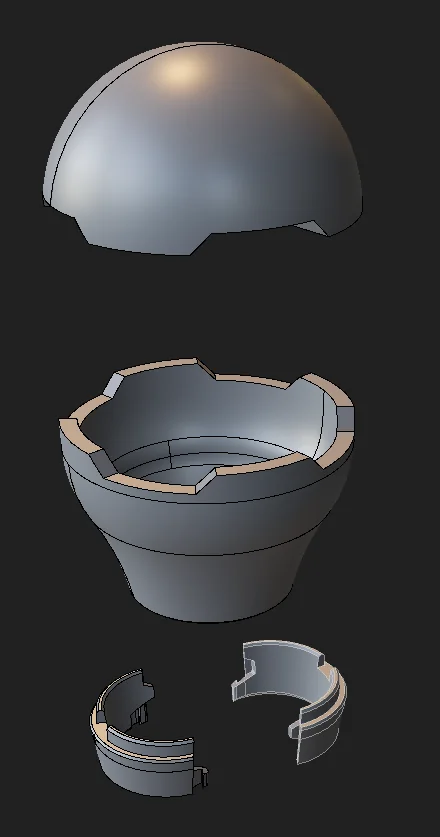 Exploded CAD: top shell, new lower body and two clip halves